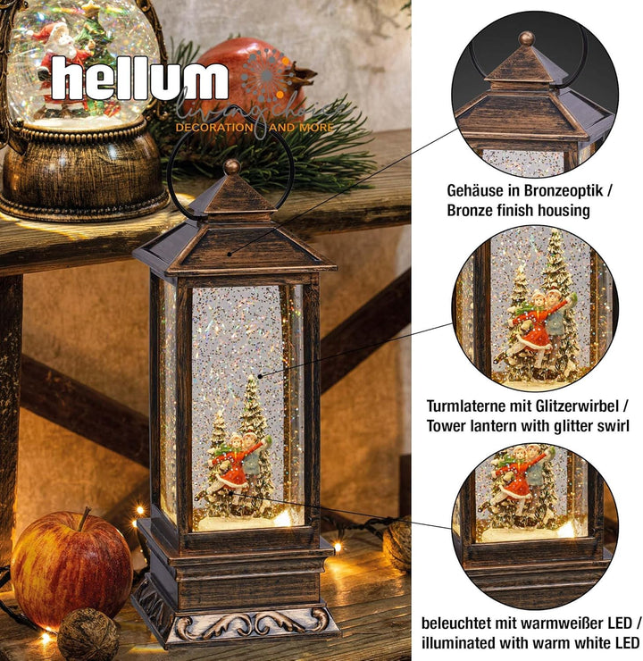 Hellum LED Laterne, Schneekugel Weihnachten mit Eislaufpaar für innen, Timerfunktion, 31cm, Schneege