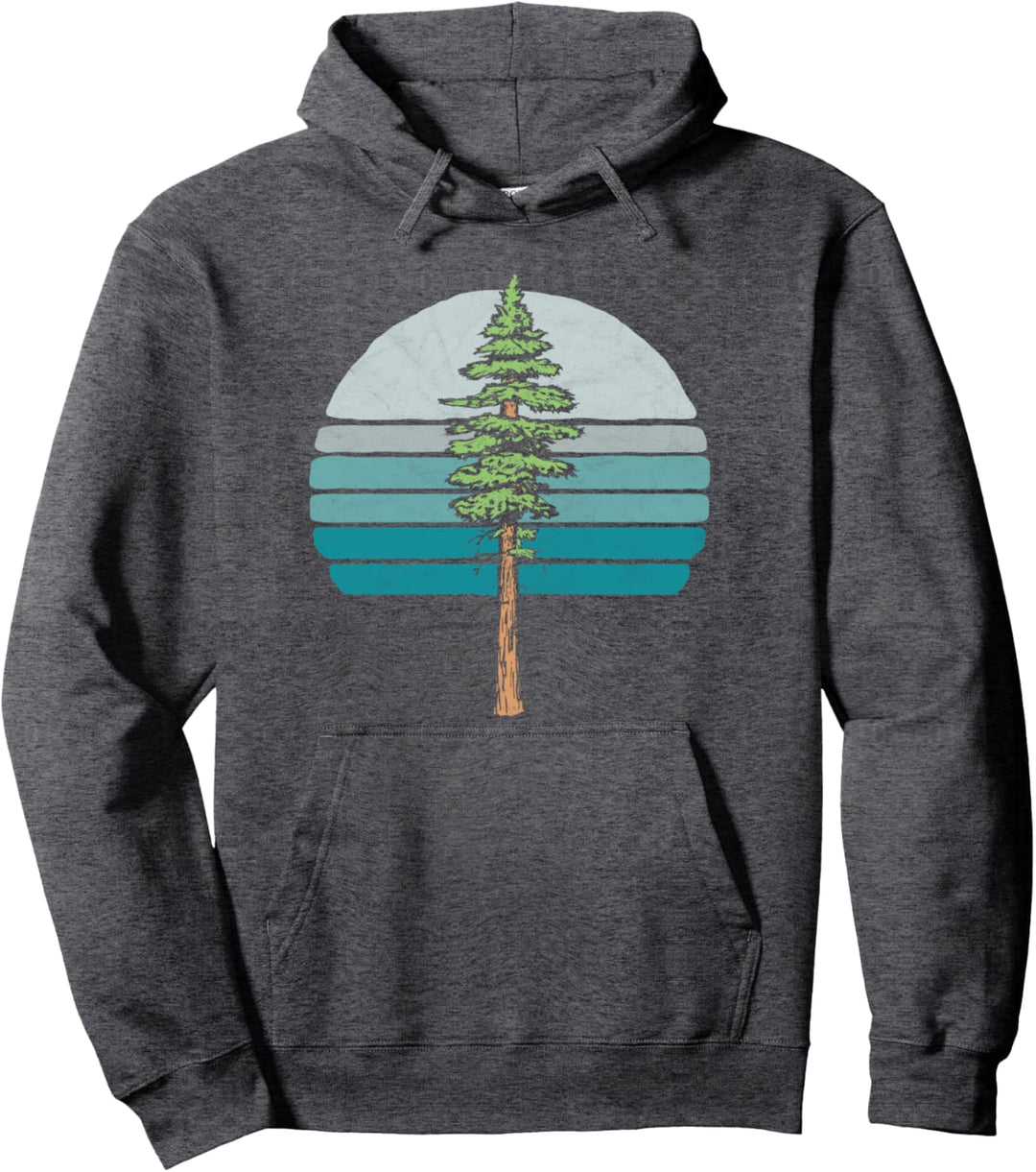 Redwood Tree & Retro Blue Sunset 80s Outdoor Graphic Pullover Hoodie