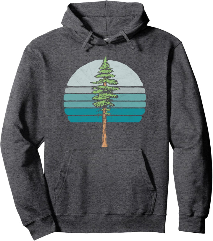 Redwood Tree & Retro Blue Sunset 80s Outdoor Graphic Pullover Hoodie