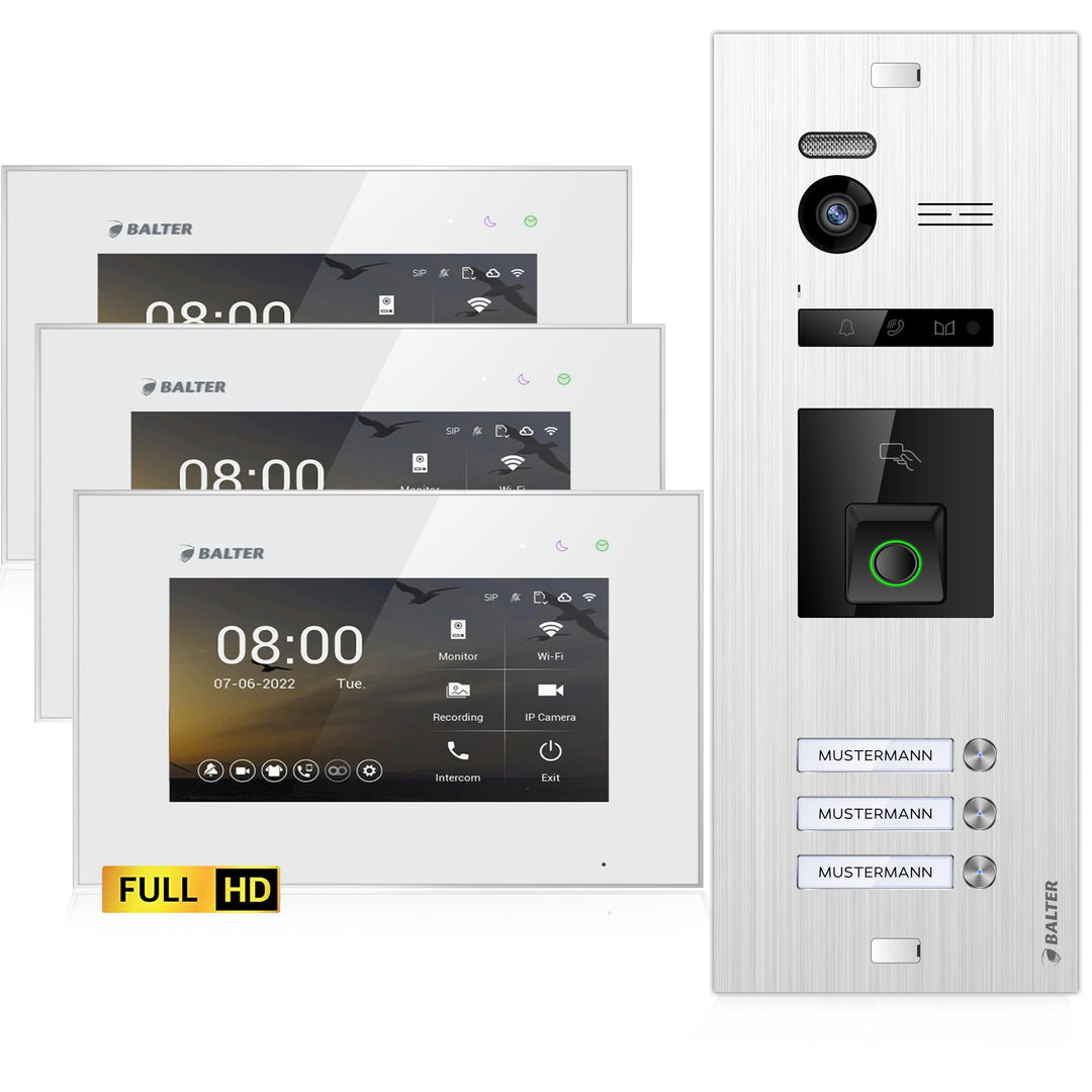 Balter EVO-HD Video Türsprechanlage mit Fingerprint, Video Türklingel, 3 Familienhaus, 3X 7 Zoll Mon