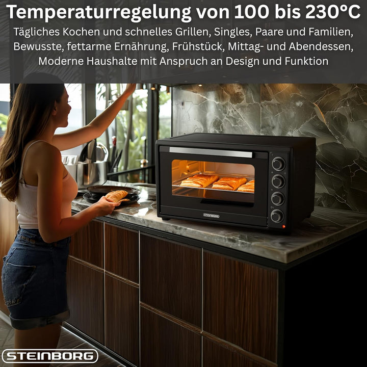 Steinborg® Mini Backofen 60 Liter mit Umluft & Drehspiess, 2000W Tischbackofen gross XXL, 100–230°C,