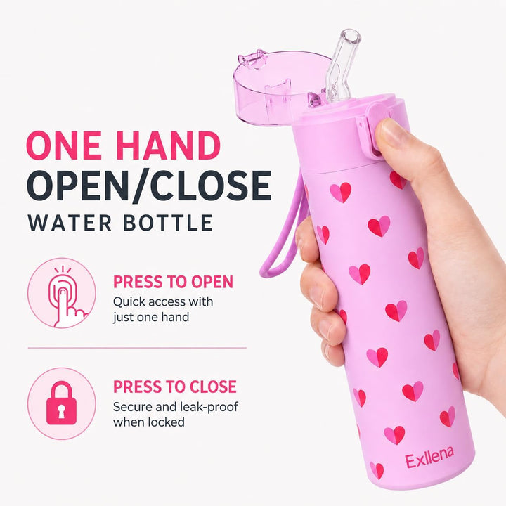 Exllena Trinkflasche Klein 270ml mit Strohhalm aus Edelstahl, Einhand-Bedienung, 100% Auslaufsicher,