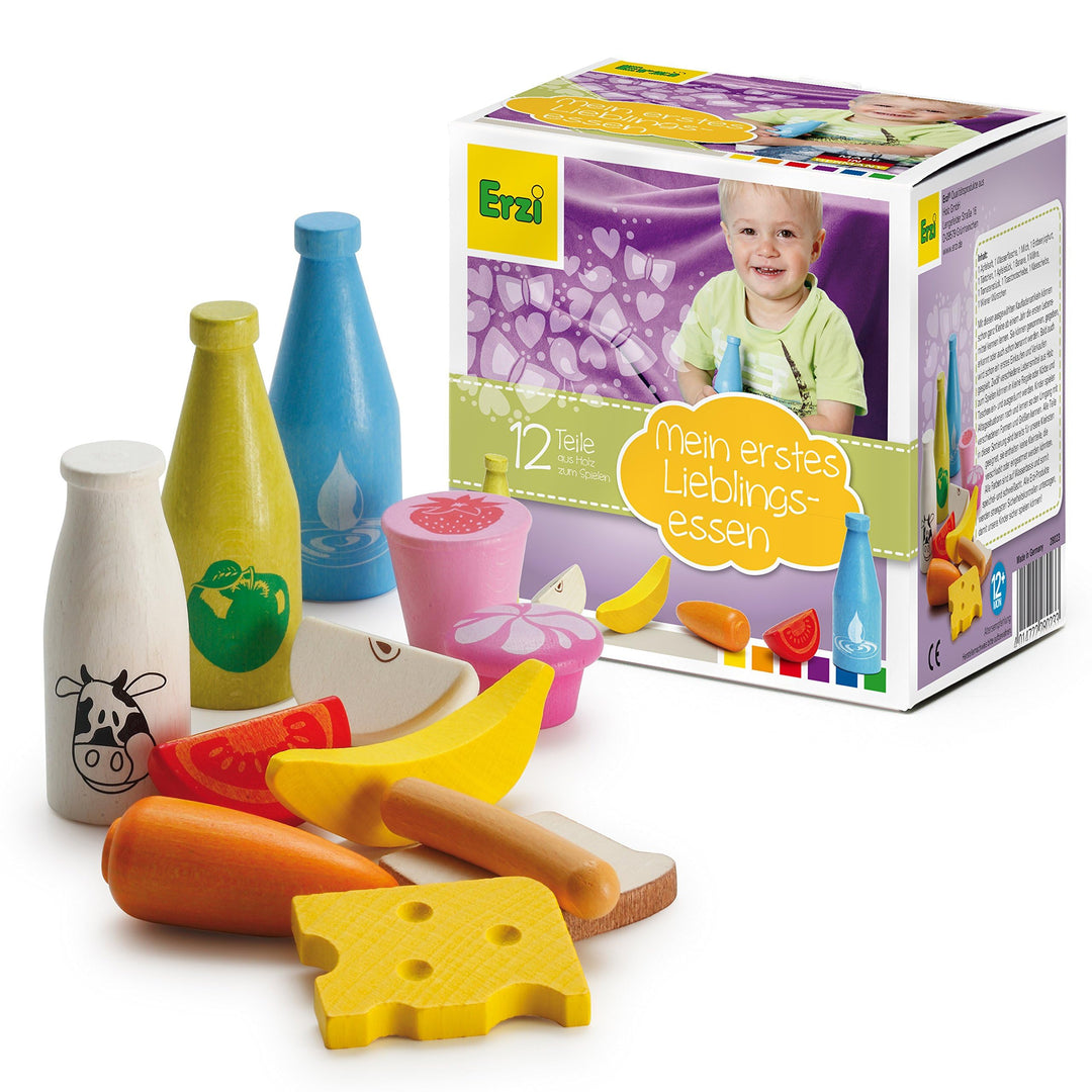 Erzi 28023 Kaufladensortierung für die Kleinsten aus Holz, Kaufladenartikel für Kinder, Rollenspiele
