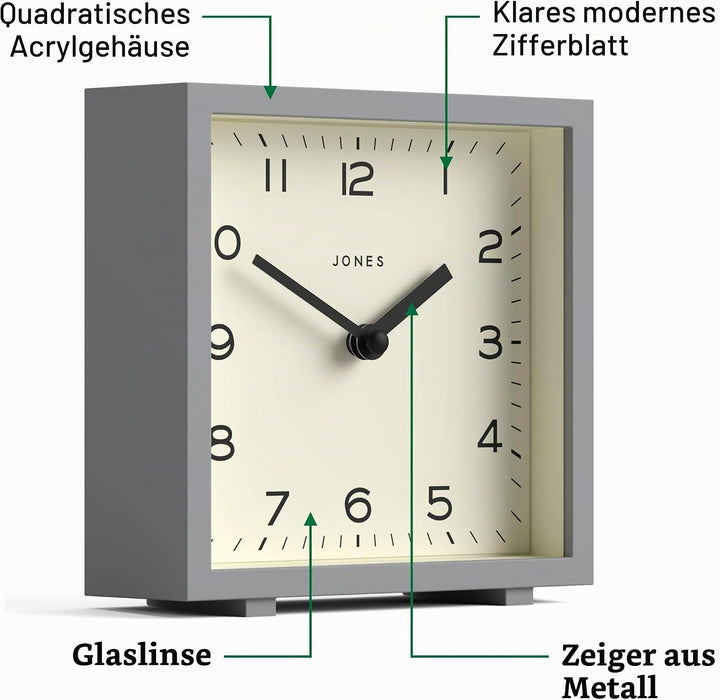 JONES CLOCKS® Disco Tischuhr | Quadratisches Design | Grau | Stilvoll und gut lesbar für Regal, Tisc