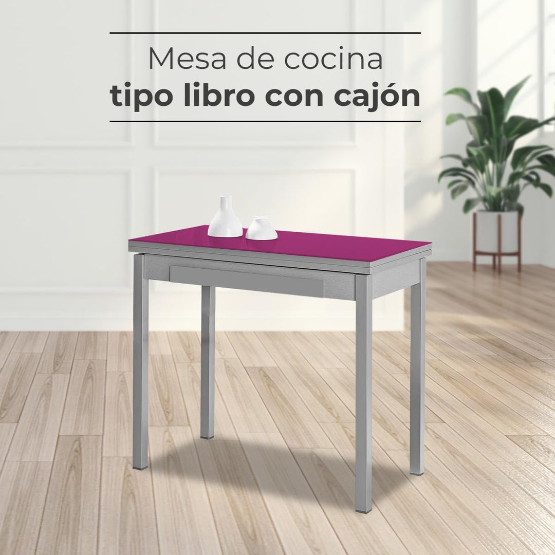 ASTIMESA - Küchentisch mit Schublade - Tisch mit Glasplatte in Aubergine - Minimalistisch - Gestell
