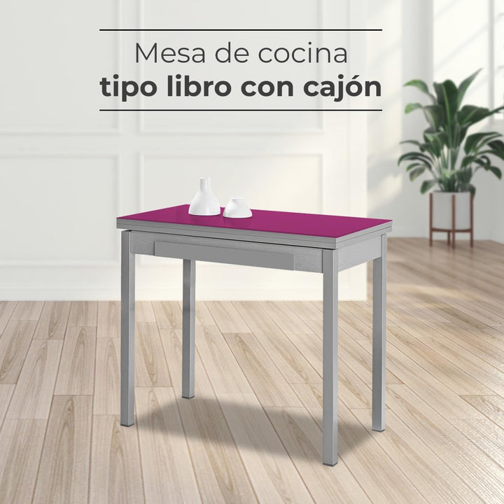 ASTIMESA - Küchentisch mit Schublade - Tisch mit Glasplatte in Aubergine - Minimalistisch - Gestell