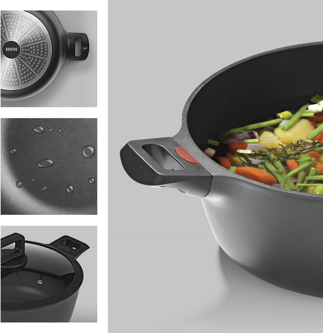 N8WERK Aluguss-Kochtopf mit Hitze Indikator ⌀28 cm, 6,0 Liter | Farbwechsel-Temperaturanzeige, Decke