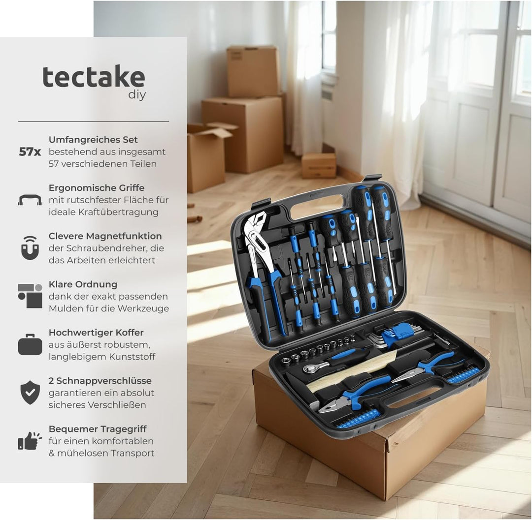 TecTake 402789 Universal Werkzeugkoffer 57 teilig, mit Werkzeug gefüllt | für Haushalt, Garage & Wer