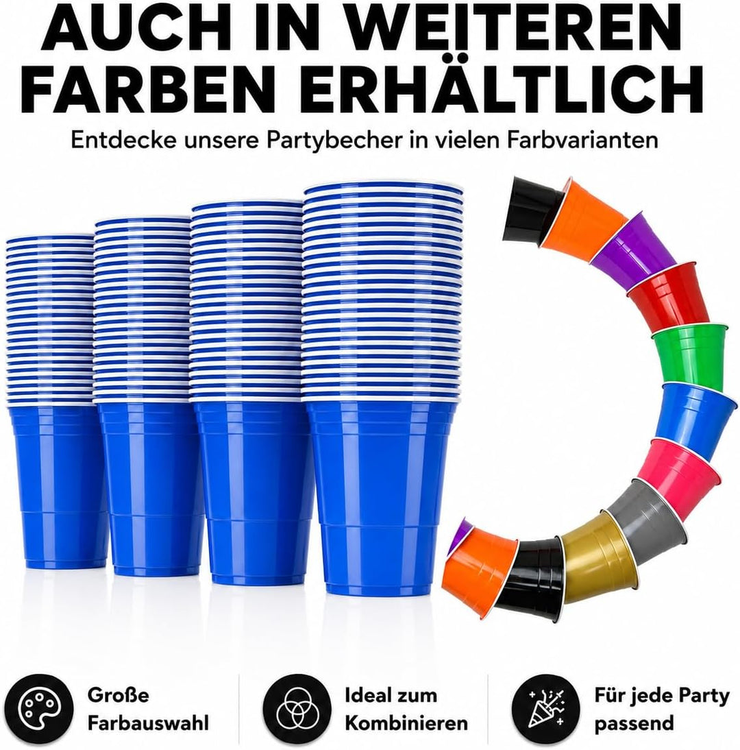 MYBEERPONG® Blaues Bierpong Becher Set: 100 Blue Cups (Markierung 0,4l + 0,5l) + 6 Beer Pong-Bälle -