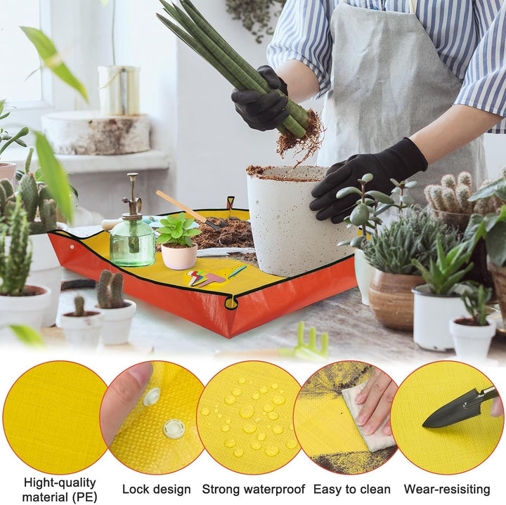 2 Stück Umtopfmatte zum Umpflanzen von Pflanzen, 99cm grosse Gartenmatte und 66cm orangefarbene Topf