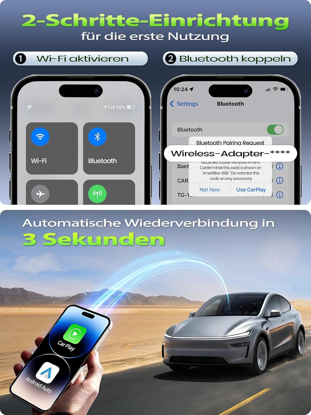 Mini Wireless CarPlay Adapter & Android Auto Adapter, USB-A/C Metall | Für Apple iPhone iOS 10+ & An