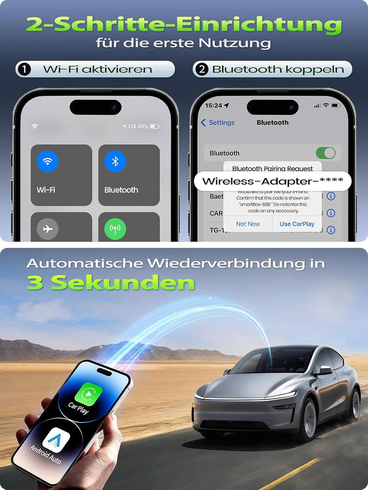 Mini Wireless CarPlay Adapter & Android Auto Adapter, USB-A/C Metall | Für Apple iPhone iOS 10+ & An