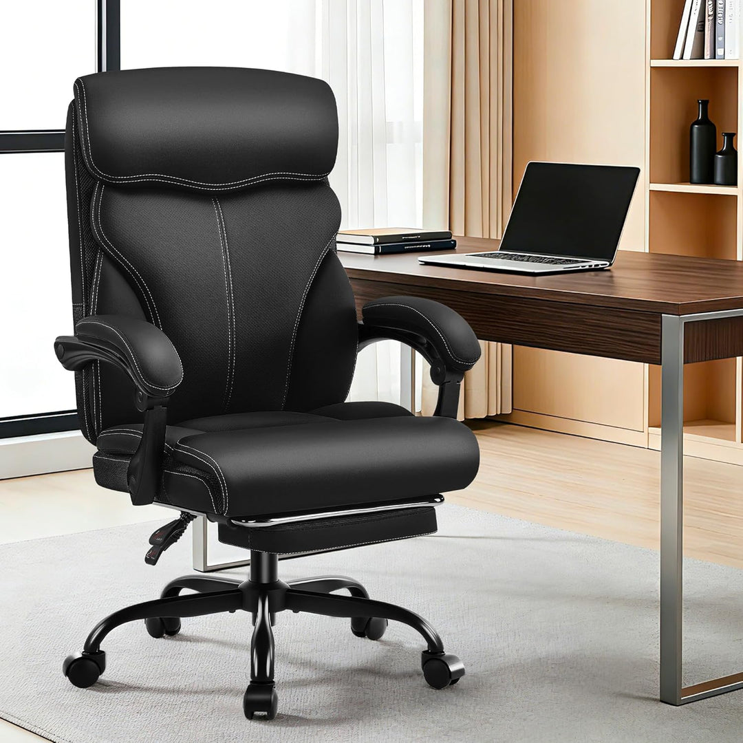 Chefsessel mit Fussstütze &amp; Liegefunktion, Ergonomischer Bürostuhl aus Kunstleder bis 200 kg, Verste