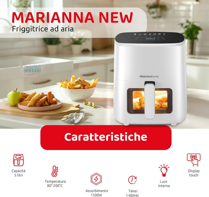 Melchioni Family Marianna New Luftfritteuse, 5 l, kompakt, mit Antihaft-Behälter, Touch-Display, 7 P