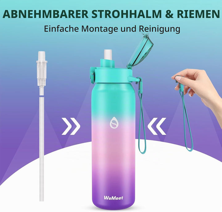 WEMEET 18/10 Edelstahl Trinkflasche Sport, Edelstahl Wasserflasche mit Abnehmbarem Strohhalm 700ml,