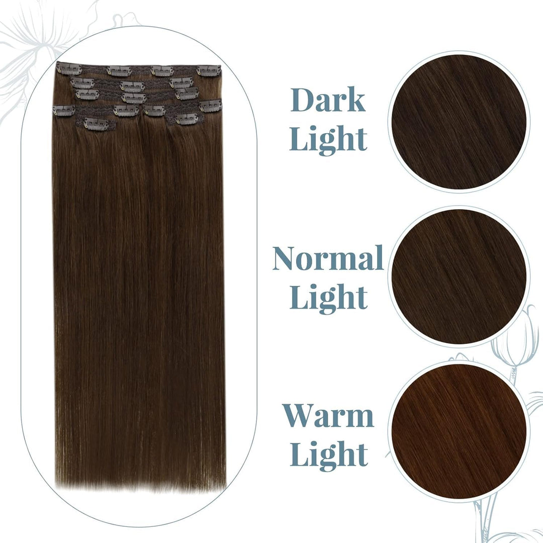 RUNATURE Clip in Extensions Echthaar Braun Menschliches Haar 60cm Glatt Haarverlängerung 135g 7Pcs F