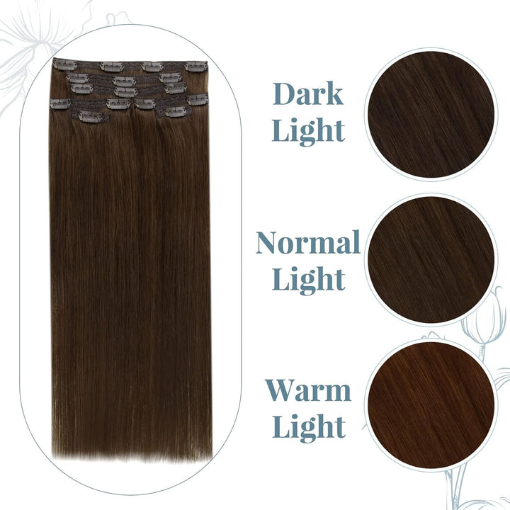 RUNATURE Clip in Extensions Echthaar Braun Menschliches Haar 60cm Glatt Haarverlängerung 135g 7Pcs F