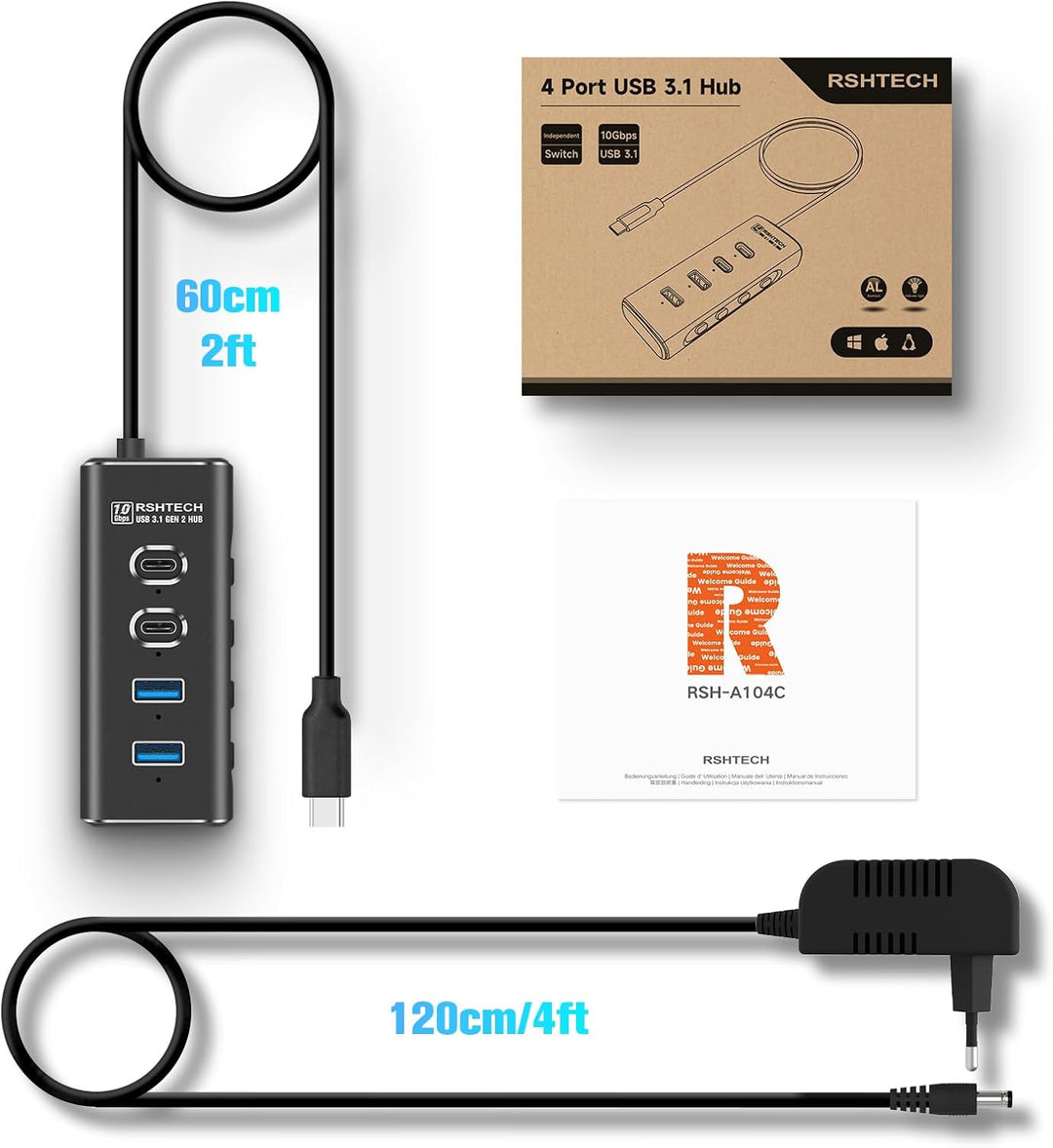 RSHTECH USB C 3.2 Hub Aktiv mit Netzteil, 4-in-1 USB C 3.1 Gen2 Hub mit 4*10Gbps USB-Datenport (2*Ty