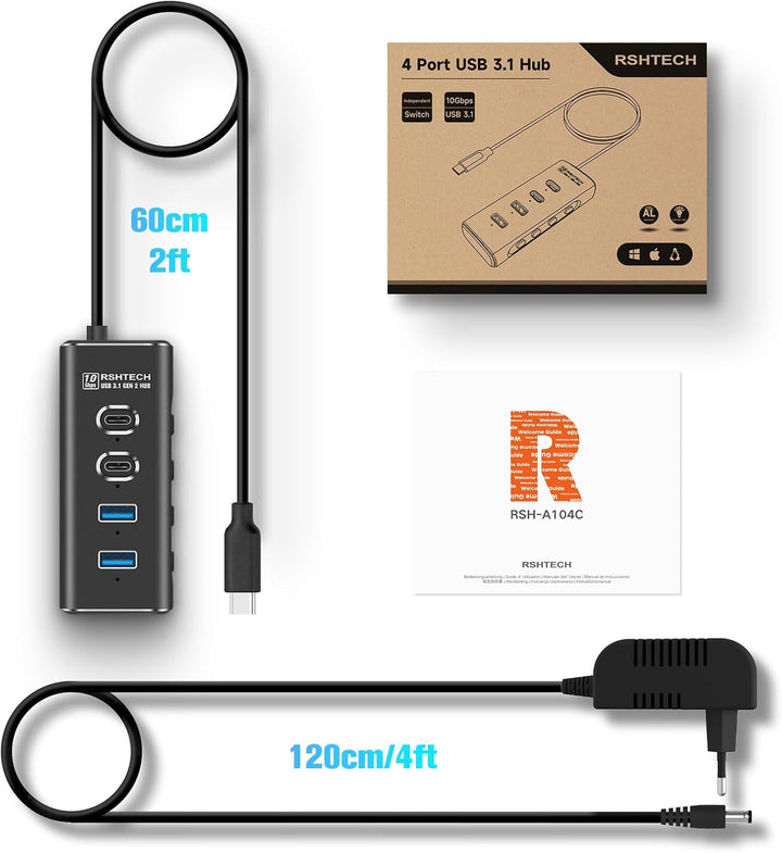 RSHTECH USB C 3.2 Hub Aktiv mit Netzteil, 4-in-1 USB C 3.1 Gen2 Hub mit 4*10Gbps USB-Datenport (2*Ty