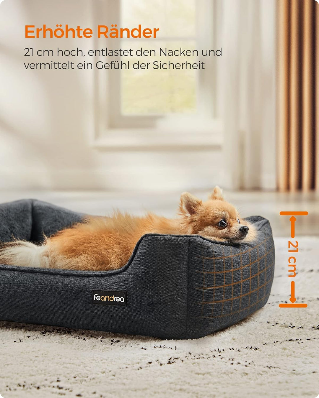 Feandrea Hundebett, Hundekissen in Leinenoptik, Hundekorb, erhöhte Ränder, rutschfeste Unterseite, B