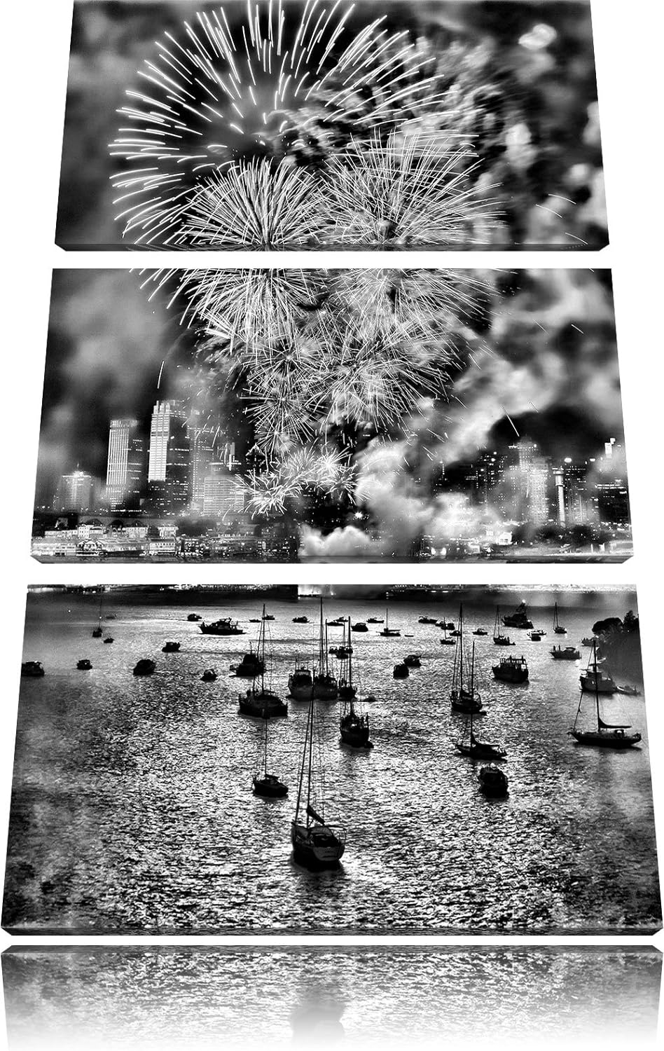 Pixxprint Monocrome, Boot auf See Feuerwerk 3-Teiler Leinwandbild 120x80 Bild auf Leinwand