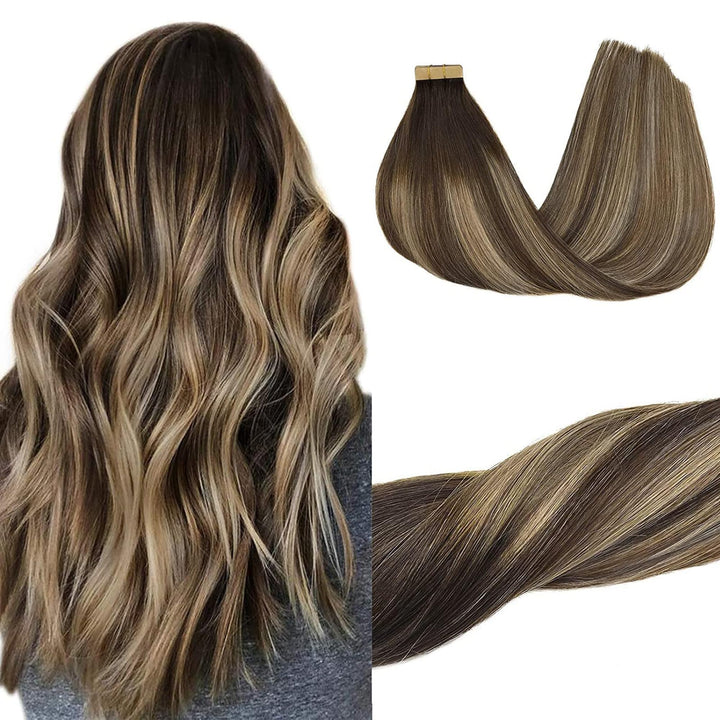 GOO GOO Tape in Extensions Echthaar, Balayage Schokoladenbraun Gemischter Honig Blond 20pcs 50g 35cm