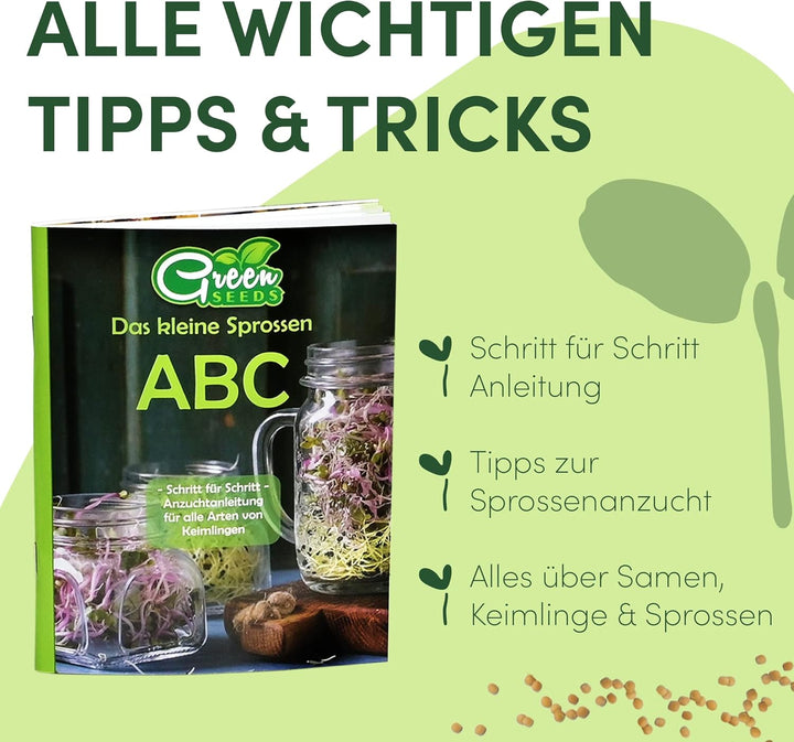 Green SEEDS Sprossenglas Keimglas 2er Set 1000ml mit hochwertigem Edelstahl-Gitterdeckel, Ständer +