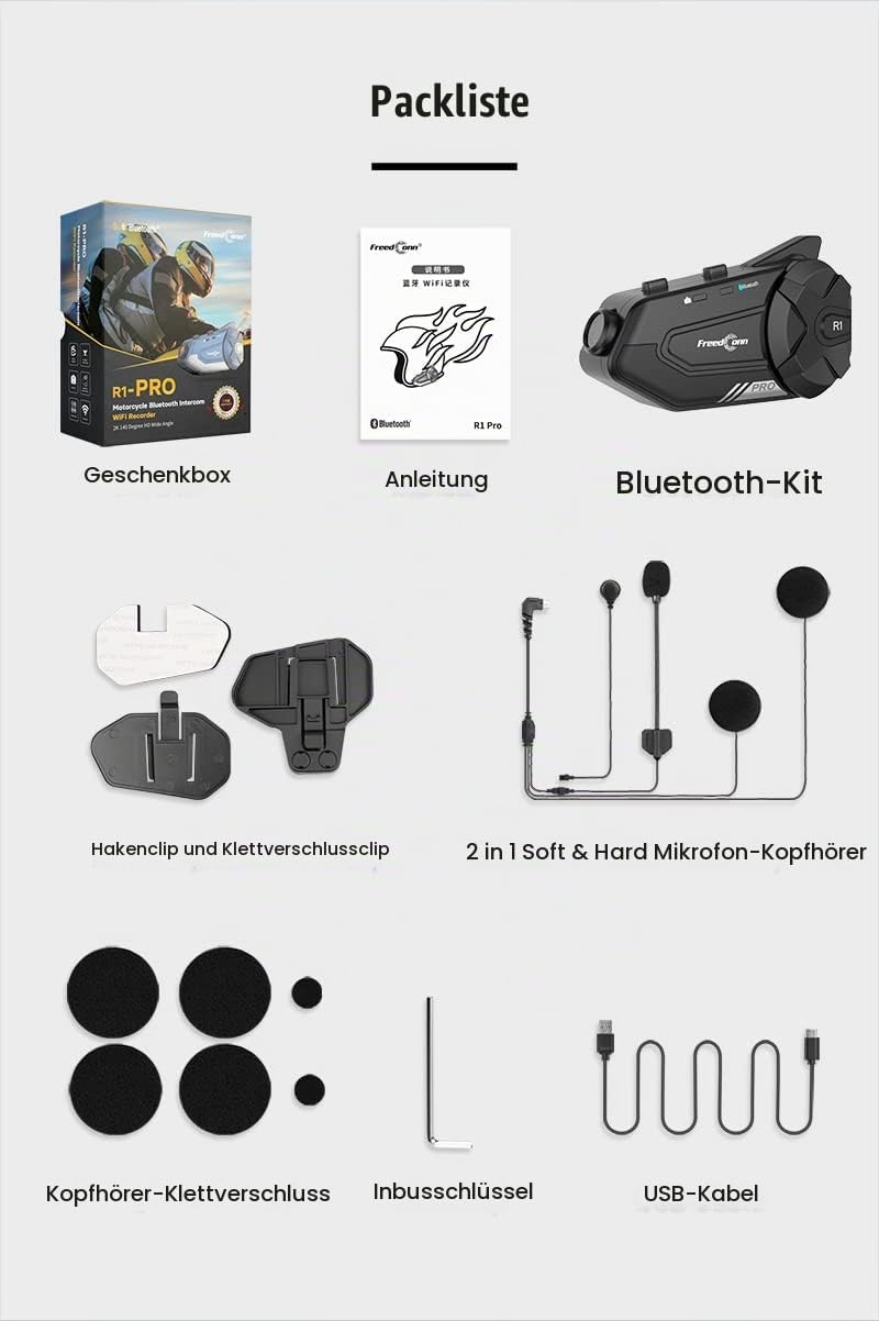 FreedConn Motorrad Helm Bluetooth Headset mit Kamera, R1 Pro 6-Wege 1000M Gegensprechanlage,Motorrad
