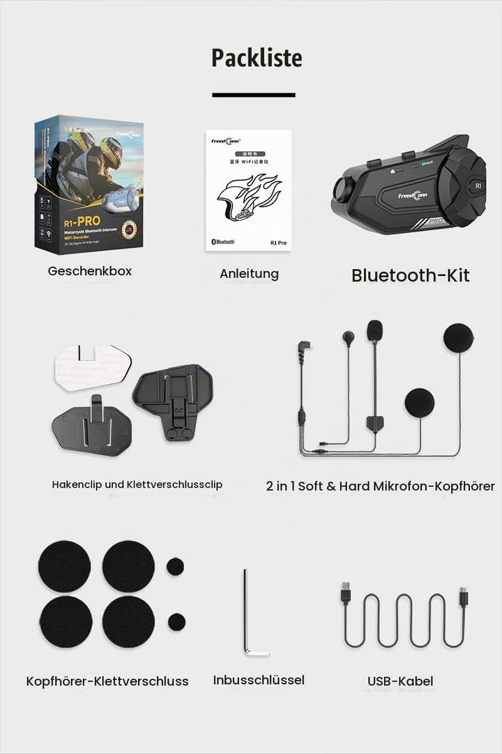 FreedConn Motorrad Helm Bluetooth Headset mit Kamera, R1 Pro 6-Wege 1000M Gegensprechanlage,Motorrad