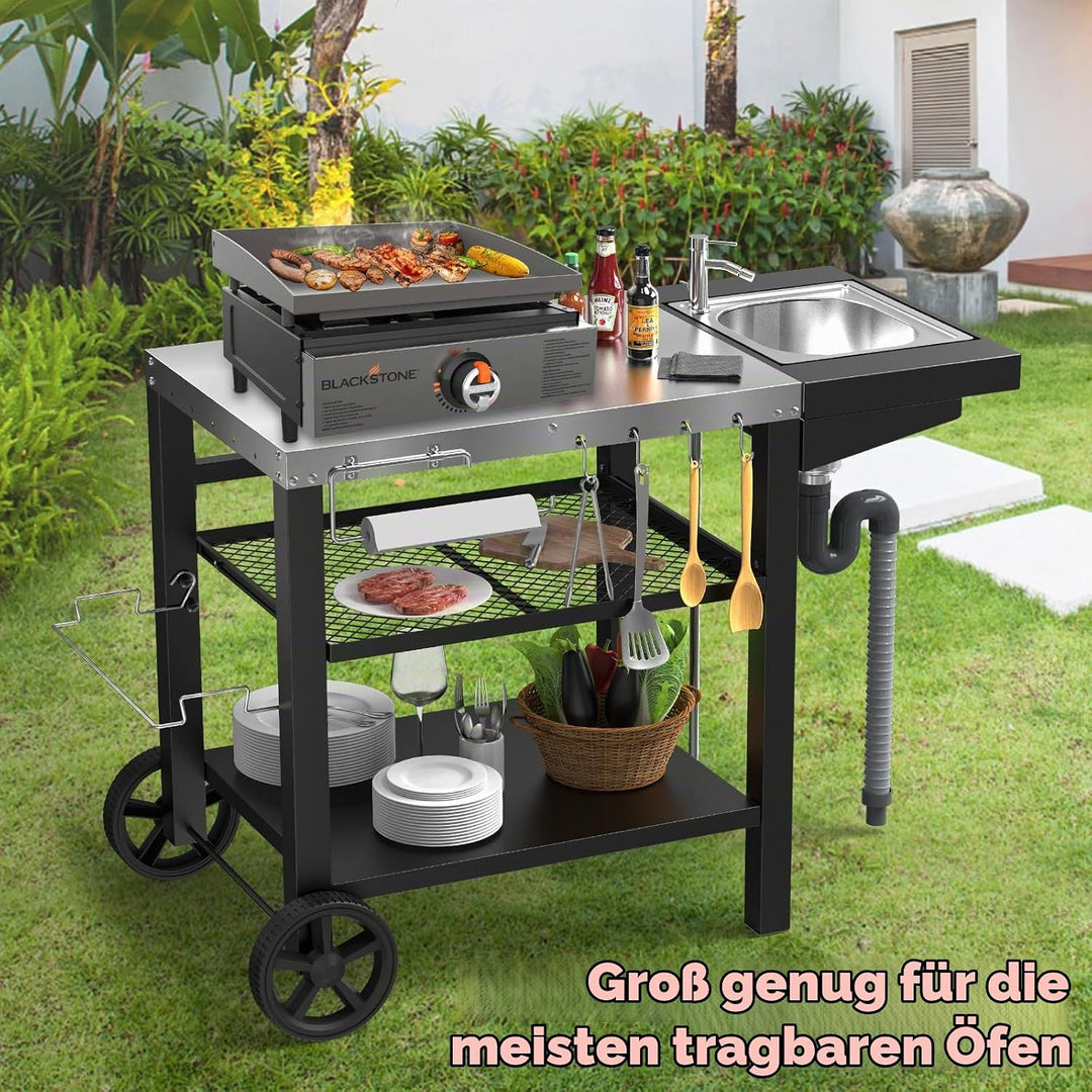 GFTIME Grillwagen 107x63x81cm, Grilltish mit Spüle für Ninja woodfire, für Pizzaöfen, grillwagen Out