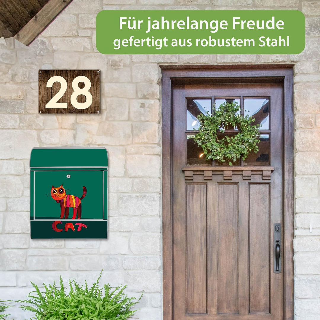 banjado® Design Briefkasten mit Motiv Orange Katze 39x47x14cm &amp; 2 Schlüssel - Briefkasten Stahl Silb