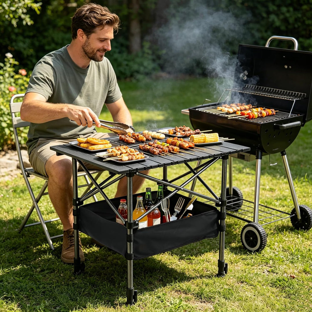 Campingtisch Klappbar, Klapptisch Höhenverstellbar, 53x51cm Camping Falttisch mit Ablagenetz, Tasche