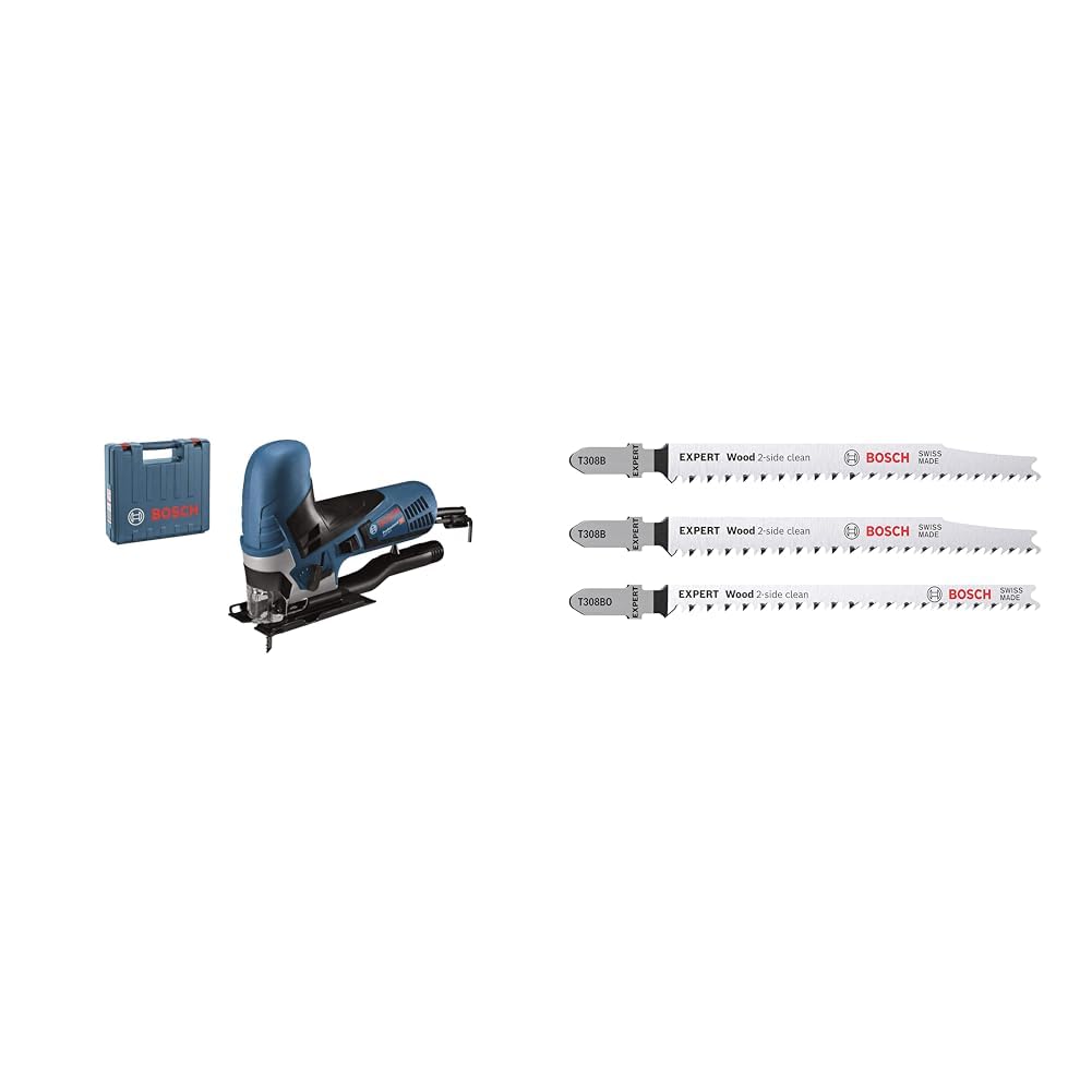 Bosch Professional Stichsäge GST 90 E (1x Sägeblatt, Absaug-Set, Spanreissschutz, im Koffer) + 3x St