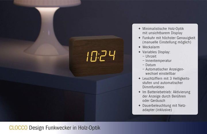 TFA Dostmann Design Funk-Wecker in Holz-Optik Clocco, 60.2549, Kunststoff, L 100 x B 41 x H 70mm (br