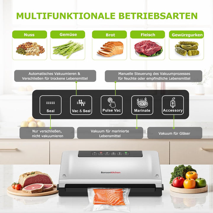 Bonsenkitchen Vakuumiergerät, 5-Modus-Vakuumierer mit Cutter und Rollenbeutelaufbewahrung, für Konti