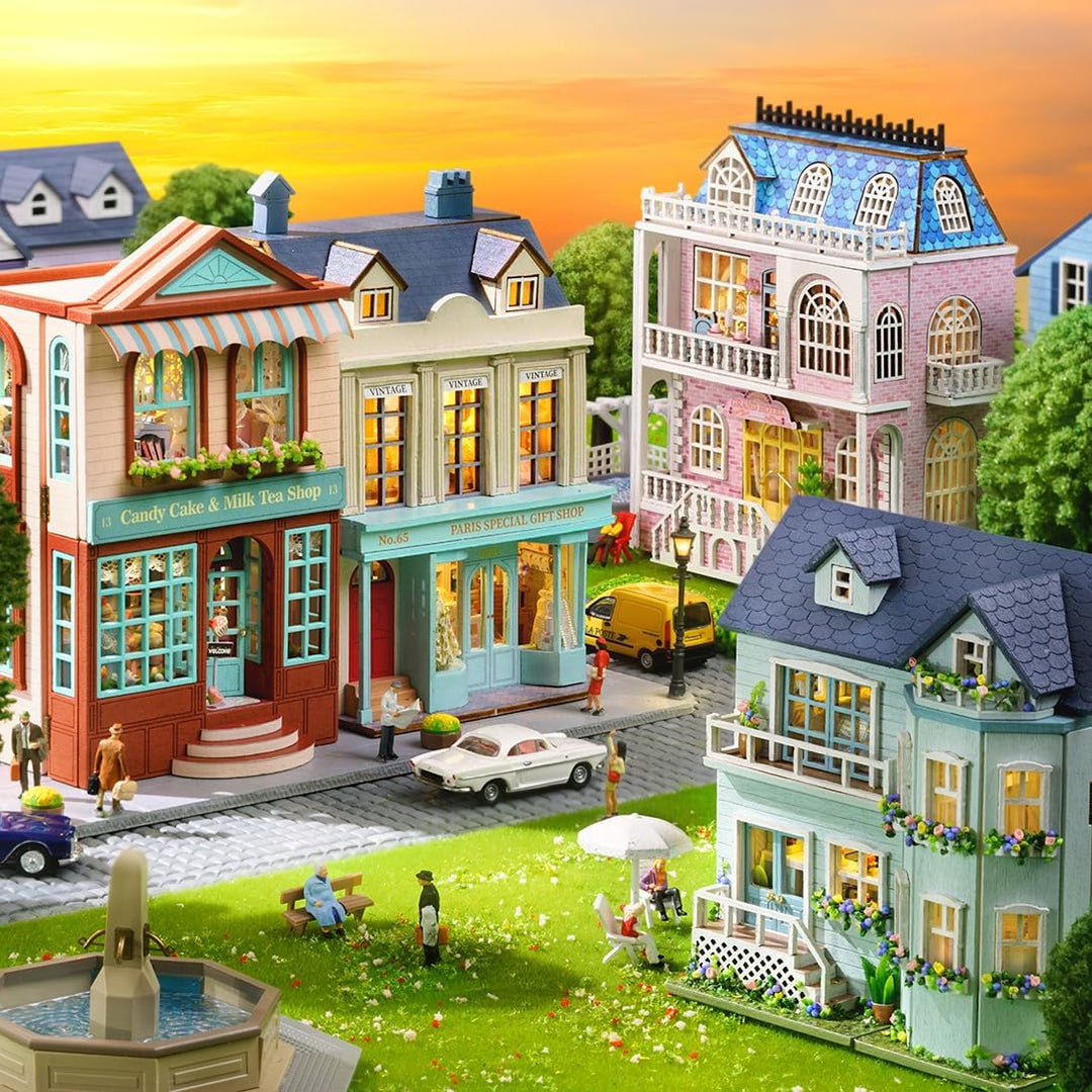 CUTEROOM Miniatur Haus, DIY Puppenhaus Set aus Holz, Mini Hausbau-Set mit Möbeln und LED Licht, Gebu