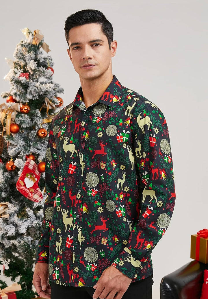 HISDERN Weihnachtshemden für Herren, langärmelig, Button-Down-Shirt, Urlaub, lustige Weihnachts-Shir