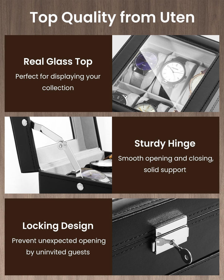 Uten Uhrenbox, 6 Fächern und 1 Schublade mit Schlüsselschloss, Glasdeckel, Schwarzes PU, Graues Samt