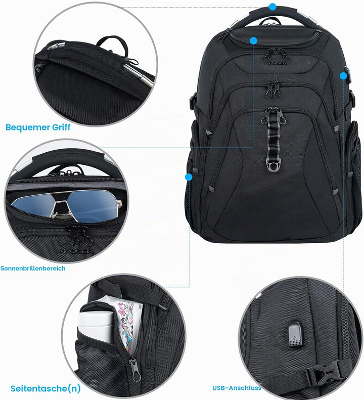KROSER Laptop Rucksack Herren 18.4 Zoll Reise XXL BusinessRucksack Schwerlast Wasserdicht mit Hartge