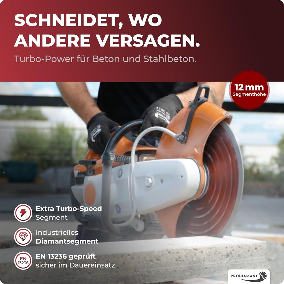 PRODIAMANT Turbo Diamant-Trennscheibe Beton 350mm x 20 mm Segmenthöhe 15mm 350/20mm, 350/20mm