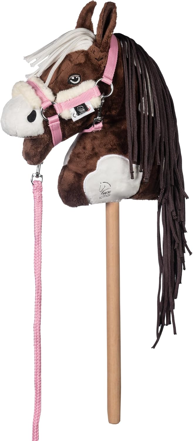 HKM Kids Hobby Horse, Schecke Braun-Weiss, mit Halfter und Führstrick in Rosa, Steckenpferd für Kind