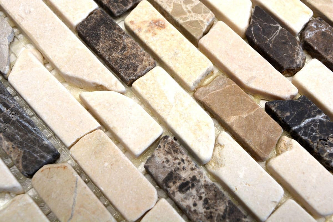Mosaik Brick mix Castanao/Biancone Marmor Naturstein Küche, Mosaikstein Format: 25-105x15x7 mm, Boge