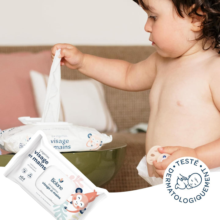 BIOLANE - Babytücher für Gesicht und Hände – 6 Packungen – 384 Tücher (6 x 64 cm) – reinigt und schü