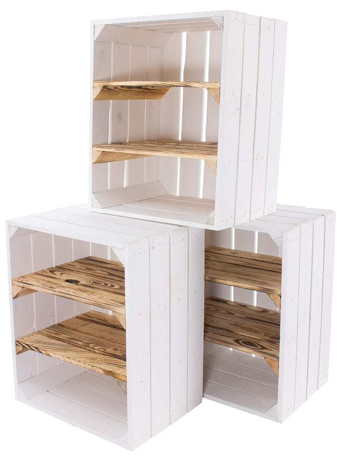 12er Weisse Holzkiste mit 2 geflammten Mittelbrettern quer 50cm x 40cm x 30cm Obstkiste Weinkiste mi