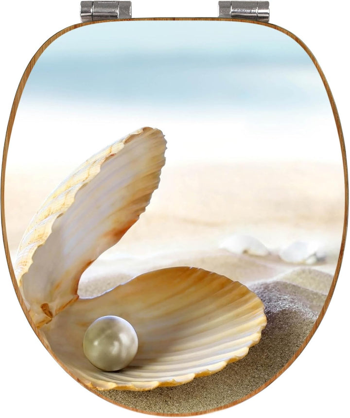 banjado® Design WC Sitz Bambus Absenkautomatik mit Motiv Perlenmuschel/Toilettendeckel mit Absenkaut