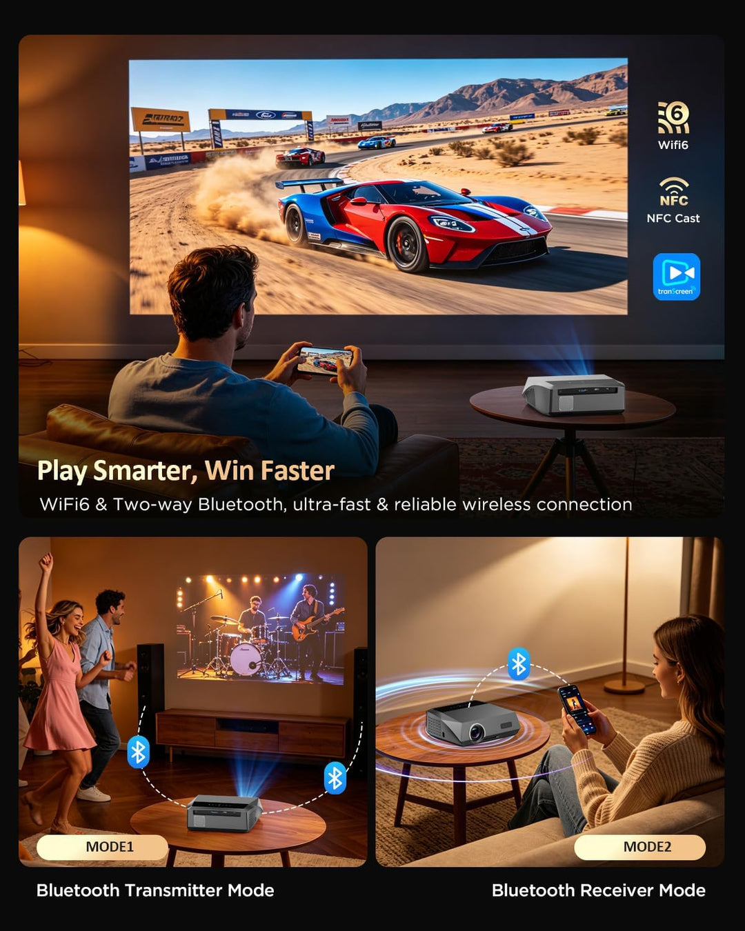 Smart Beamer 4K Wlan Bluetooth NFC, HDR LED Ultra HD 4K Beamer Heimkino Gaming 2300 ANSI Tageslicht,