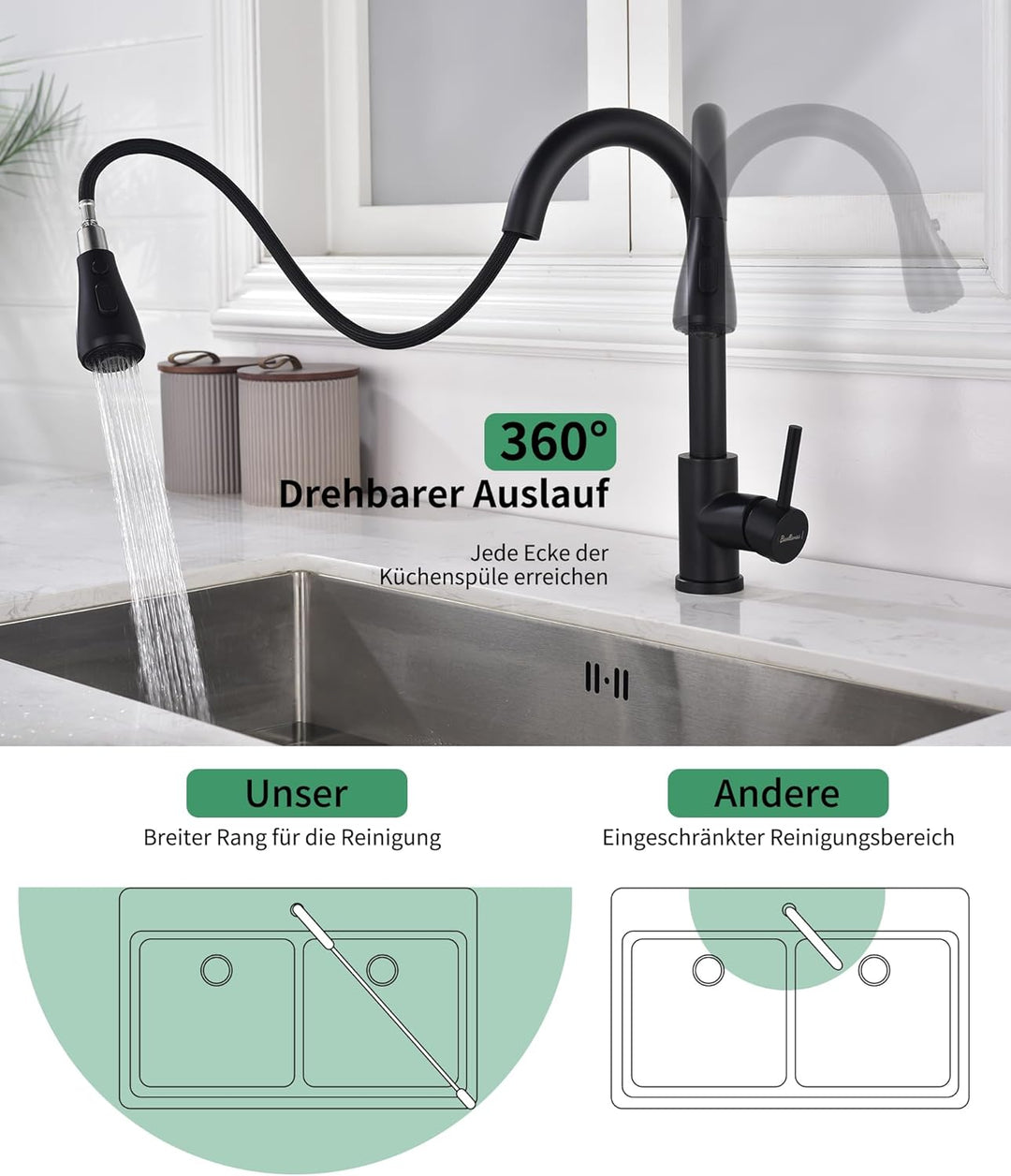 Wasserhahn Küche Ausziehbar,Hochdruck Küchenarmatur mit Herausziehbarer Brause Mischbatterie Küche m