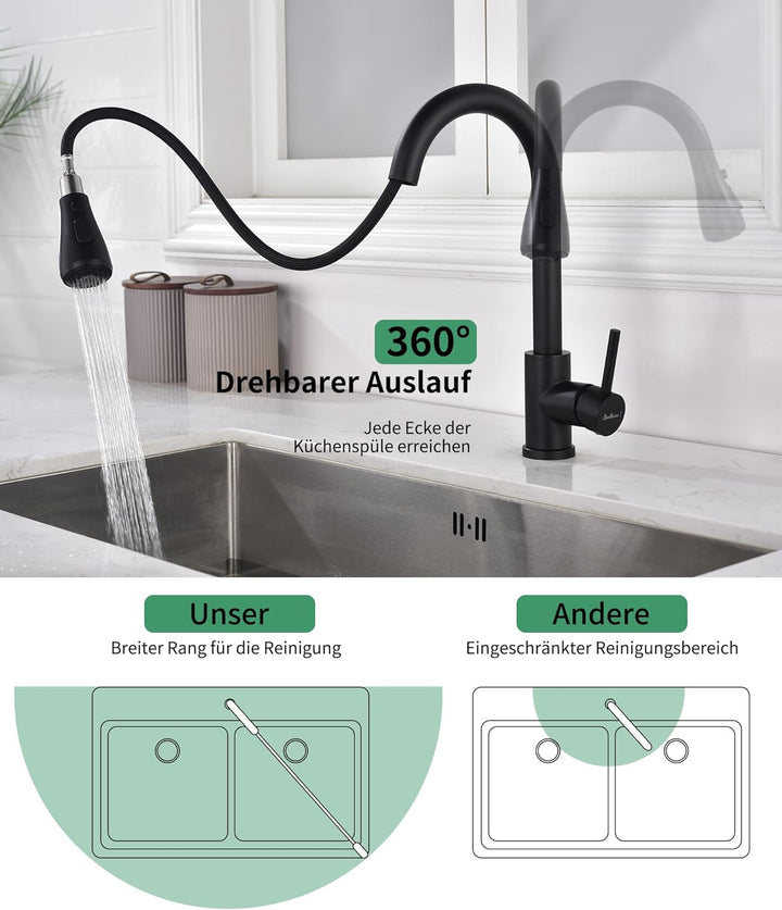 Wasserhahn Küche Ausziehbar,Hochdruck Küchenarmatur mit Herausziehbarer Brause Mischbatterie Küche m