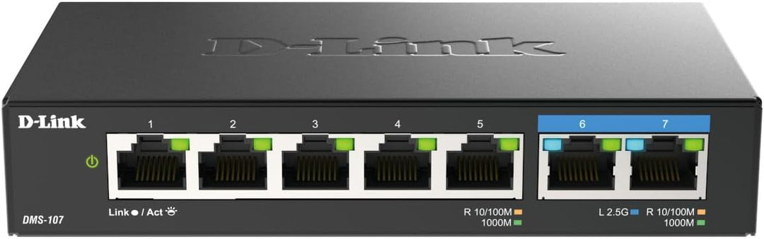 D-Link DMS-107/E 7-Port Multi-Gigabit Unmanaged Switch (2x 2,5G und 5x 1G Ports, lüfterlos, Low Prof