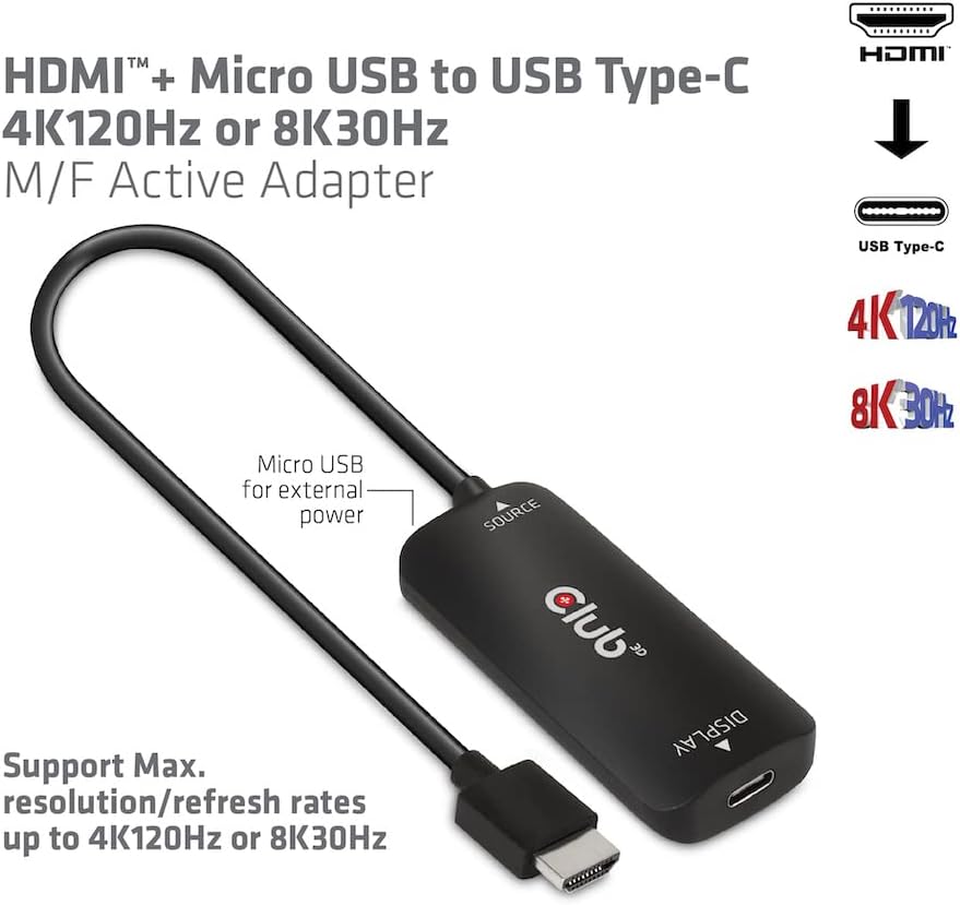 Club 3D CAC-1336 HDMI+ Micro USB auf USB Typ-C 4K120Hz oder 8K30Hz M/F Aktiver Adapter, CAC-1336
